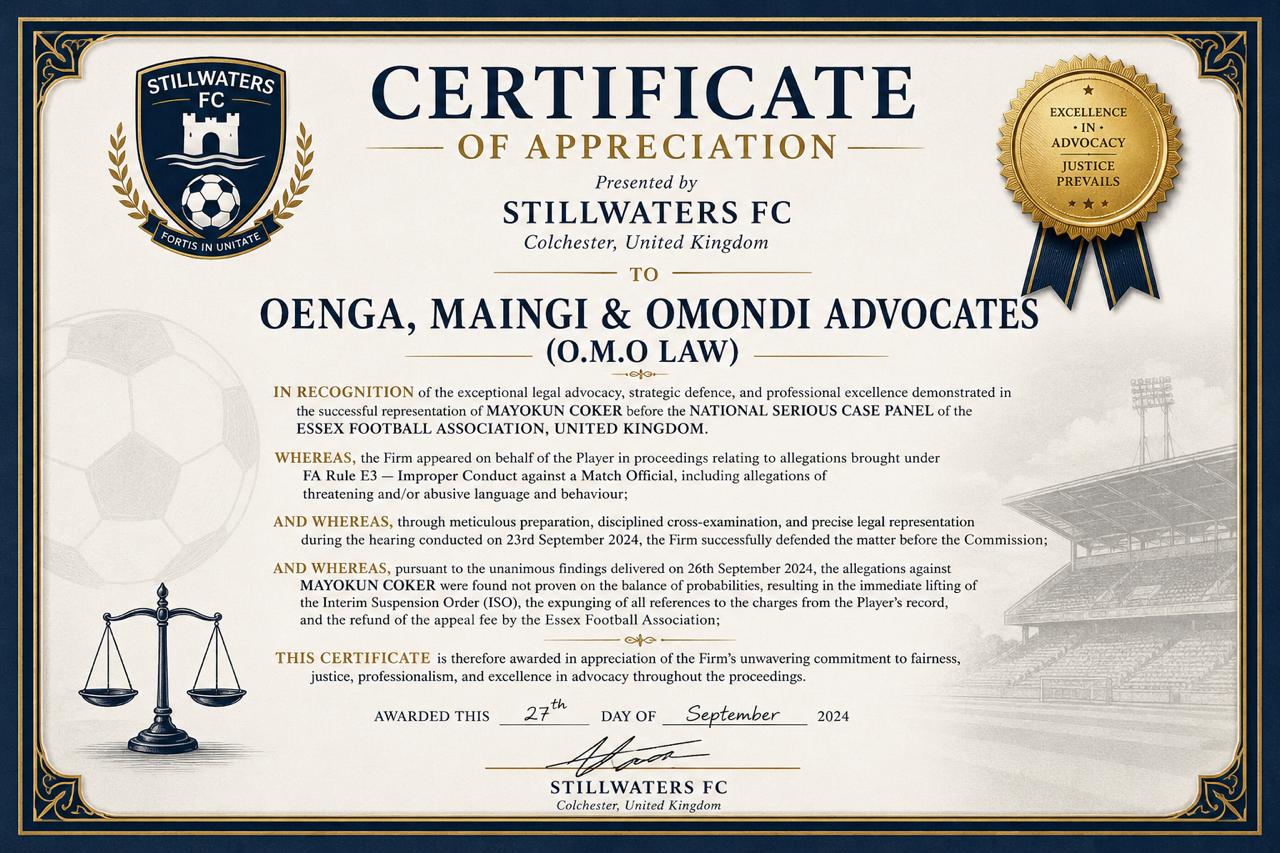 Stillwaters FC Certificate - Excellence in Advocacy